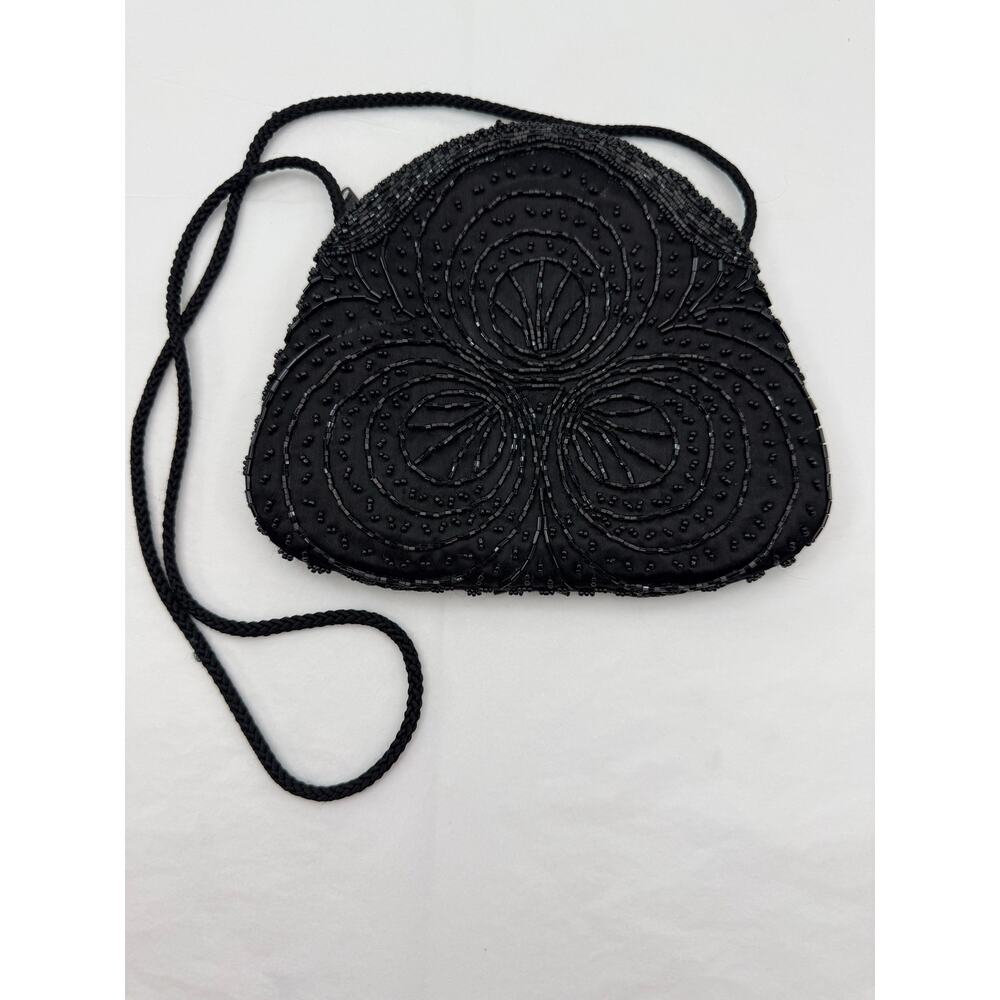 Vintage 80s 90s Magid Black Beaded Evening Bag Art Deco Formal Wedding Prom Hoco